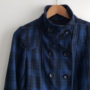 Blue plaid funnel neck coat